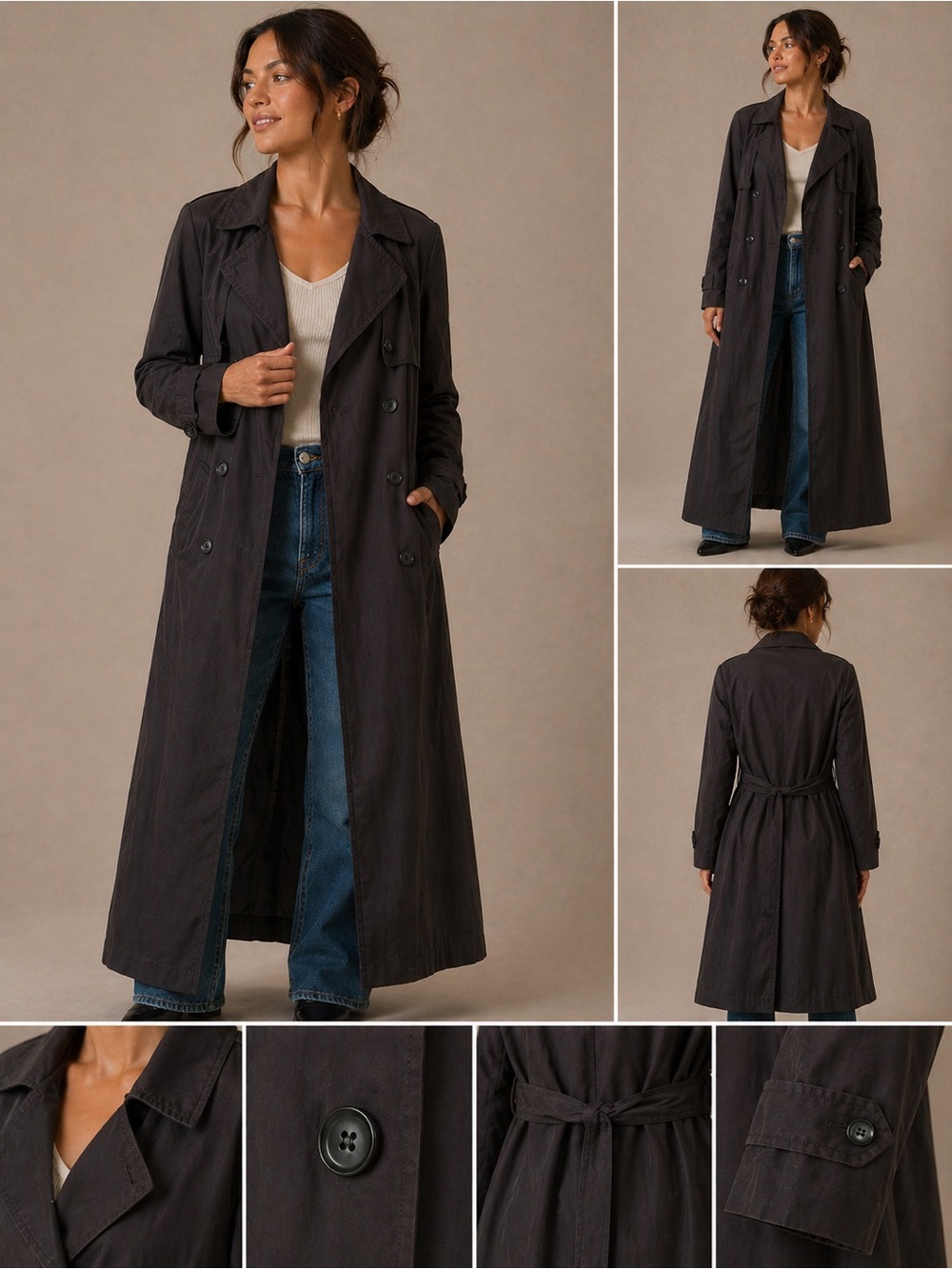 London Fog Full Length Button Front Belted Trench Coat Gray Size 8